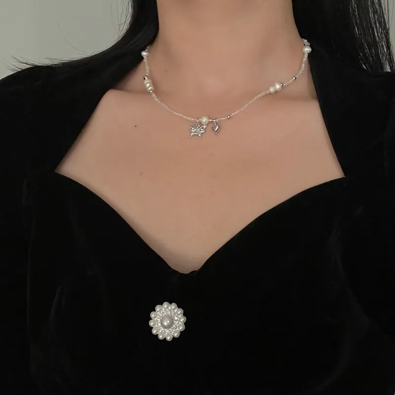 Timeonly Korean Moda Imitacja Pearl Butterfly Heart Choker Neckalices Dla Kobiet Panie Czarna Biżuteria Barokowa Naszyjnik