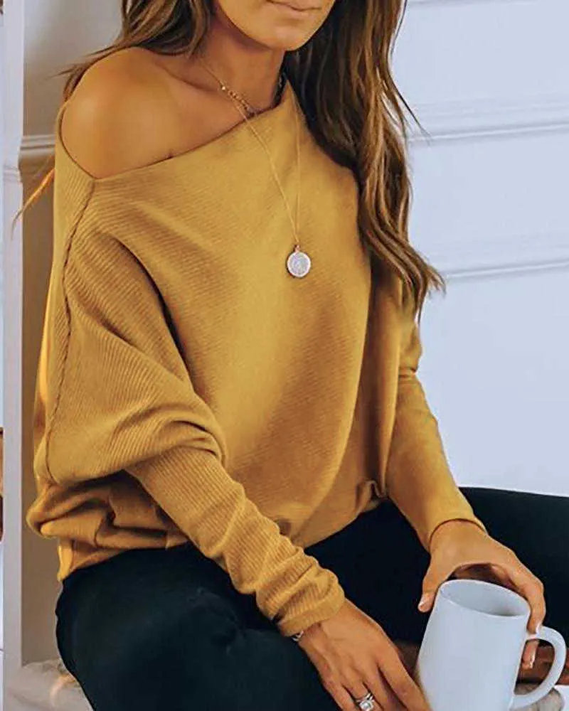 Kobiety modne eleganckie swobodne koszuli Stylowa bluzka jedno ramię w kolorze solidnym luźnym dopasowaniem top 210716