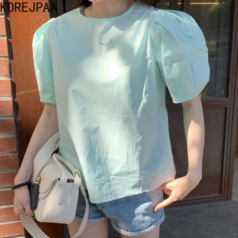 Korejpaa Dames Shirt Zomer Koreaans Chic Girl Mint Groene Ronde hals U-vormige Open Back Wide Losse Geplooid Puff Sleeve Blouse 210526