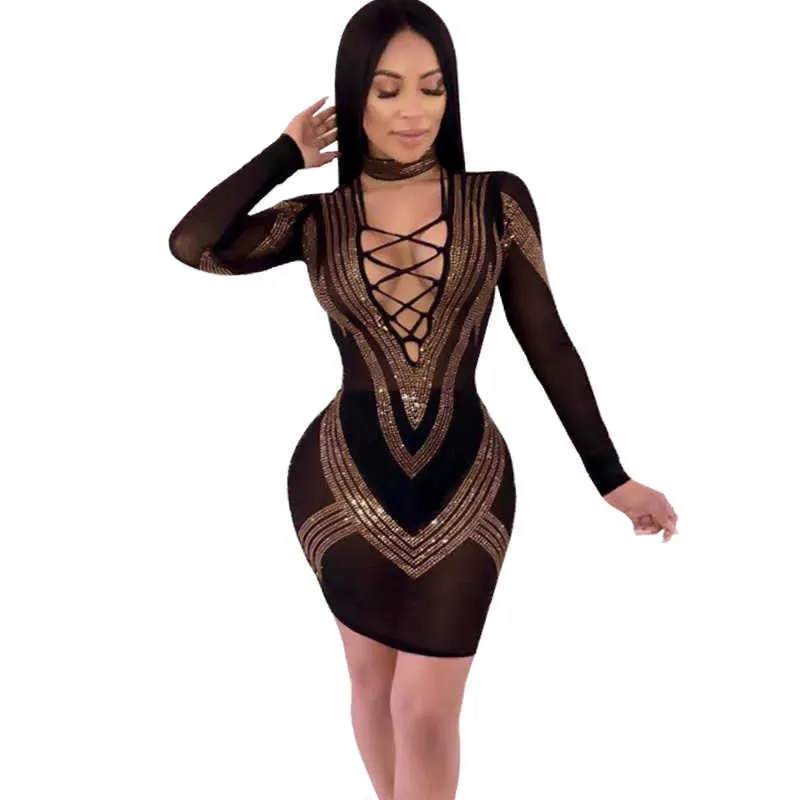 Femmes Sexy À Manches Longues Designer Perles Cristal Mesh Robe De Soirée Bling Nigh Club Celebrity Chic Robe 210527