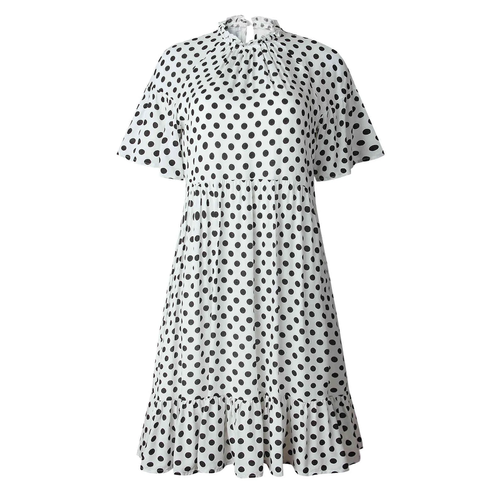 Polka Dot Print Ruffle Femmes Robe Casual Plissée O Cou À Manches Courtes Été Robes De Plage En Vrac Vintage Ladies Party Mini Robe 210507