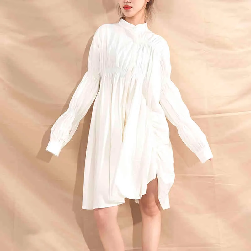 [EAM] Women Black Pleated Irregular Dress Stand Collar Long Sleeve Loose Fit Fashion Spring Autumn JO47800 21512