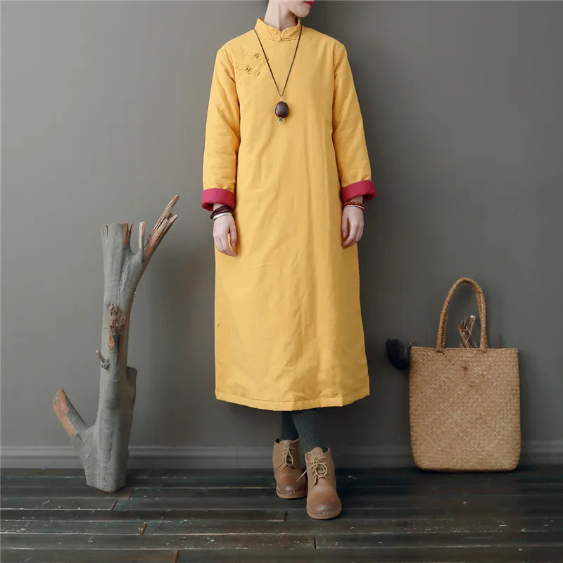 Johnature Winter Chinese Style Thick Robes Women Parkas Vintage Cotton Linen Coats Stand Warm Solid Color Women Parkas 210521