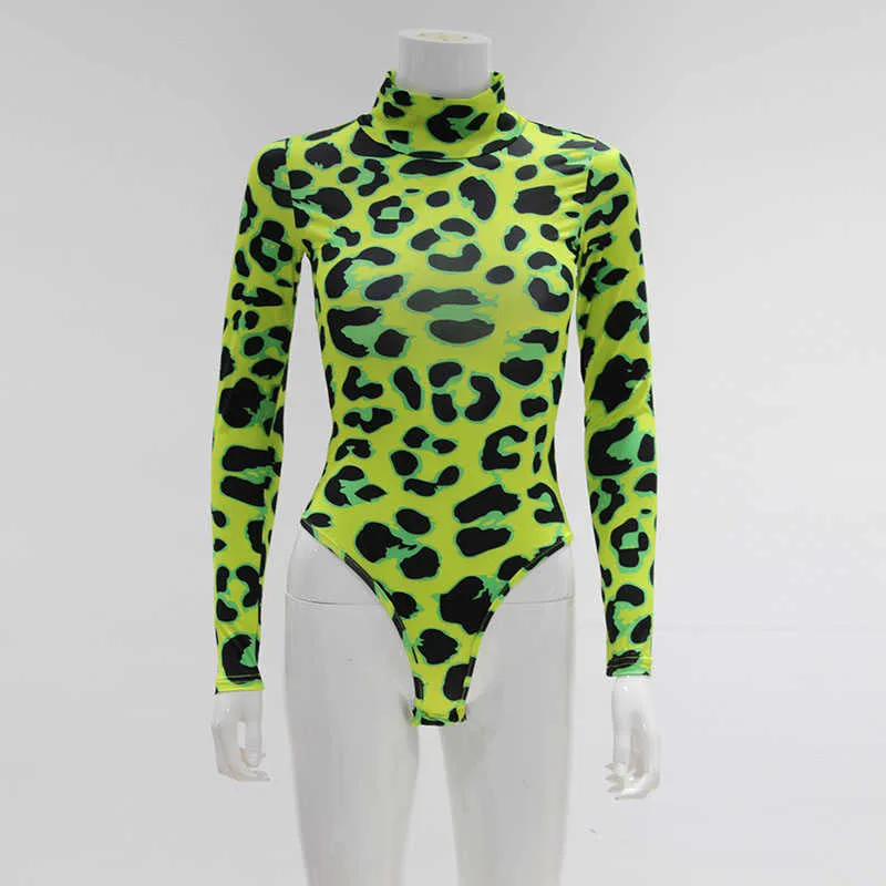 CNYISHE KVINNOR Långärmad Leopard Skin Prinetd Bodysuit Sexig Neon Green Streetwear Jumpsuit Skinny Leopard Tops Fashion Rompers 210728