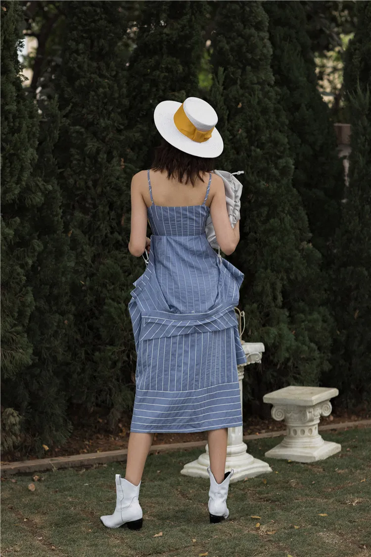 Robe longue à rayures bleues pour femmes, tunique à manches bouffantes, ligne A, découpée, haute couture, 210427