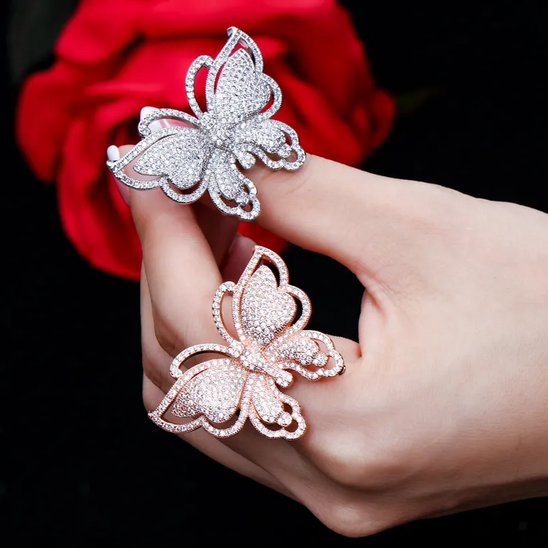 Anillos de mariposa exquisitos de lujo AAA Cubic Zirconia Cobre Joyería de diseño para mujeres Fiesta Medio Oriente Rosa Oro Plata Blanco 261c