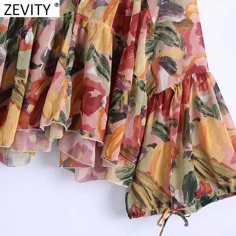 Zevity Donne tropicale Fiore Stampa Fiore Sunscreen Chiffon Smock Blusa Femmina V Neck Flare Sleeve Shirts Chic Blusas Tops LS7710 210603