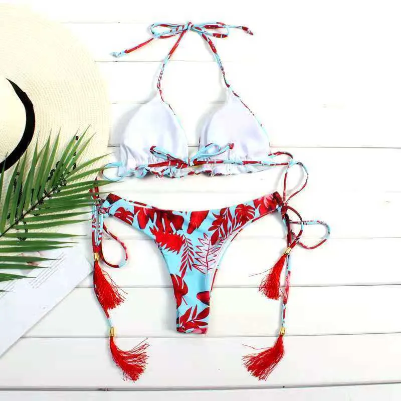 Espagne Halter Neck Tassel Femmes Strappy Bandage Maillot de bain Beachwear Tailles S à L 210624