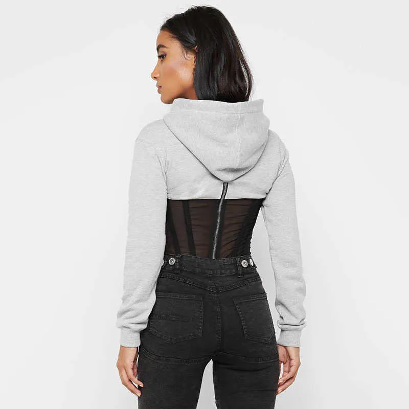 Autumn Women's Sexy Mesh Patchwork Perspective Sportywear Sweatshirt Zipper Hoodie Shirt Female Fitness Jogging Sweatshirt 210709