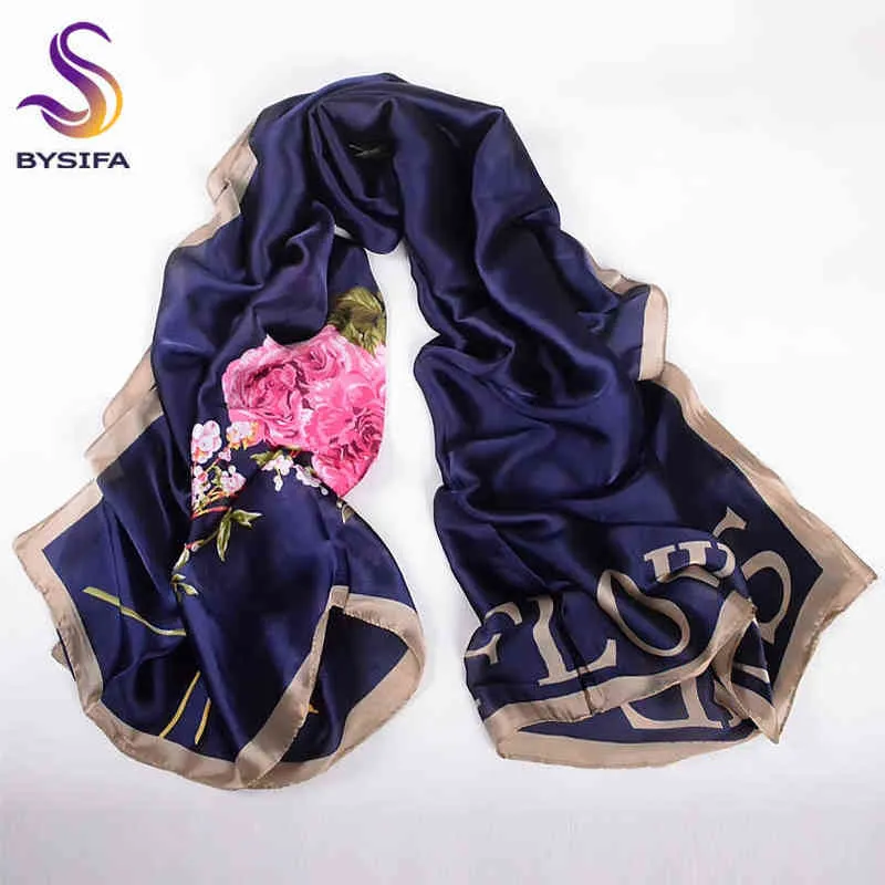 Bysifa lacivert Çin gülleri kadın eşarplar sonbahar kış utrong üst sınıf marka moda ipek harfler uzun eşarp şal sarar 22010322n