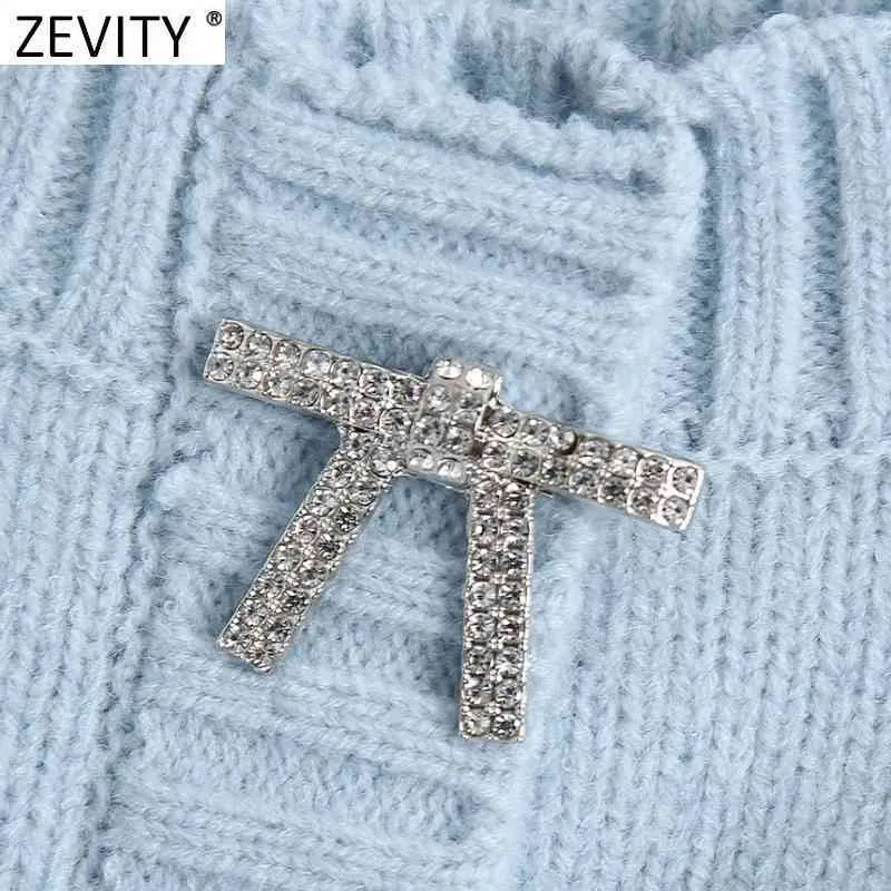 Zevity Women Fashion Solid Color Diamond Bow Knitting Sling Sweater Female Basic Spaghetti Strap Short Vest Chic Crop Tops S655 210419