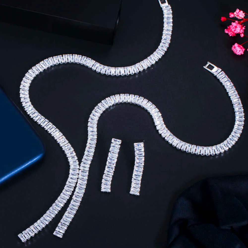ThreeGraces Romántico Brillante Blanco Cubic Zirconia Cuadrado Cuelga Pendientes y Collar Conjunto de Joyería de Boda Nupcial para Novias TZ606 H1022