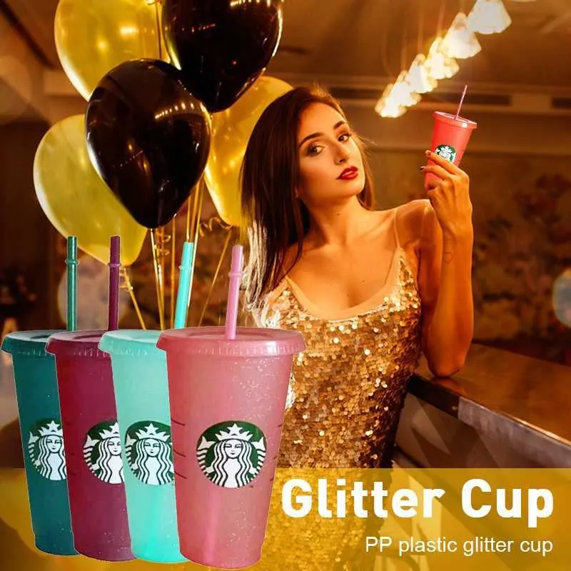 Flash powder Shiny Reusable Plastic Tumbler with Lid and Straw Cup, fl oz, of or Party Gifts Starbucks Portable