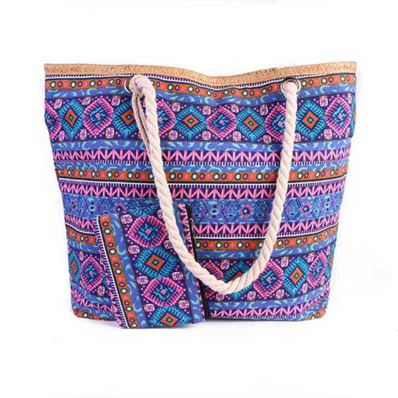 Shoppingväskor Bolso de Mano Lona Para Mujer Conjunto 2 Piezas En Rayas färgar Hombro Gran Capacidad Estilo Bohemio Informal 220303