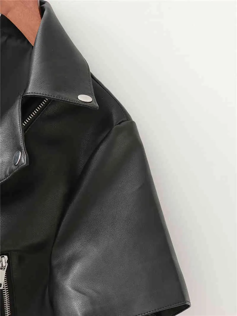 Giacche corte da donna eleganti in pelle nera PU cool lady pocket streetwear abiti da donna con cerniera moto giacca chic da ragazza 210427