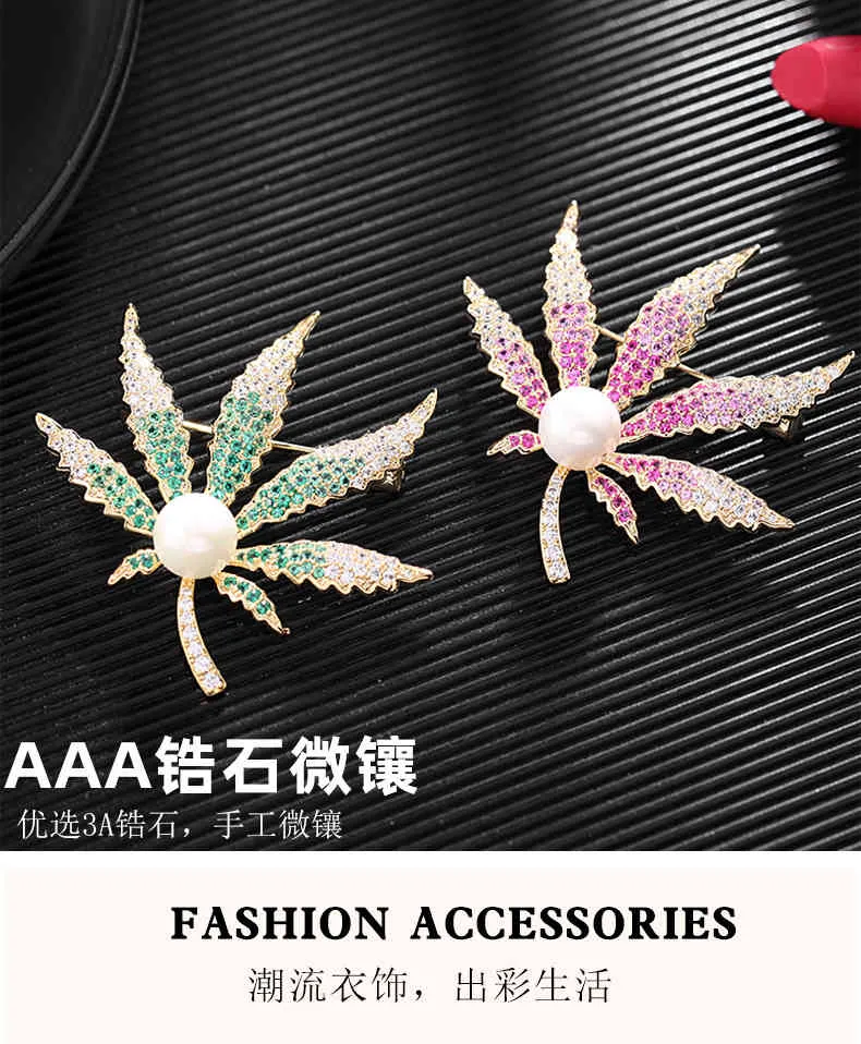 Japan och Sydkorea Fashion Maple Leaf Kvinna Micro-Inlaid Zircon Pearl Elegant Brosch Pin Suit Jacket Tillbehör