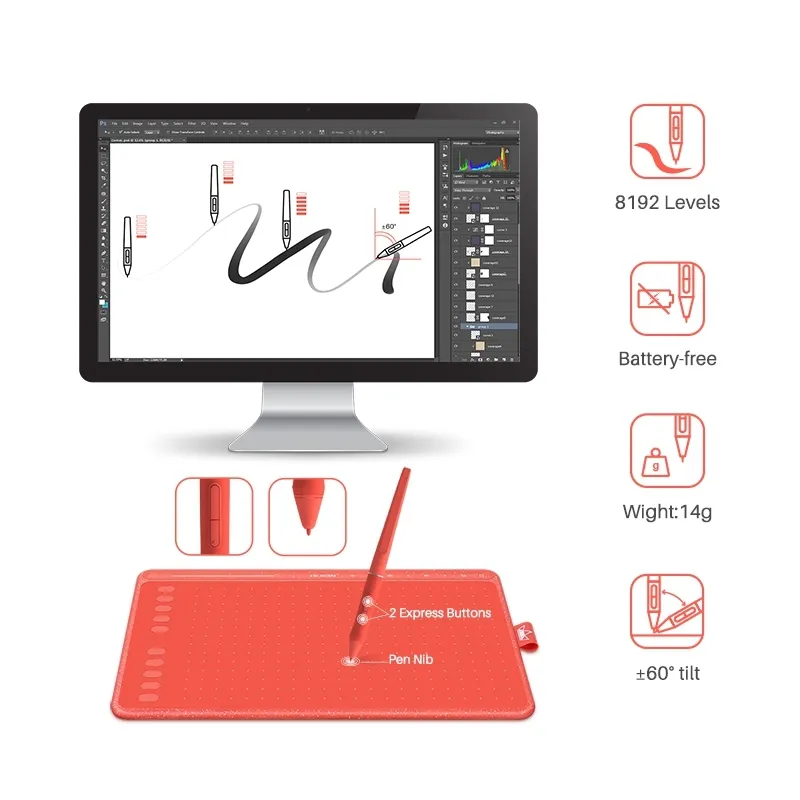 HUION HS611 Grafische Tablet Digitale Tekening Tabletten Multimedia Keys Media Bar Batterij-vrije Pen met Tilt-functie