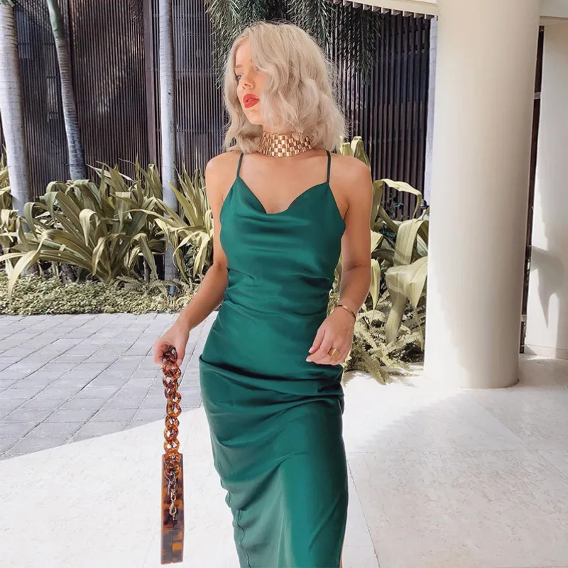 Vintage Green Satin Party Robe Sexy Backless Maxi Slit Robe Femmes Automne Hiver Bleu Longues Robes Vestidos de Fiesta 210415