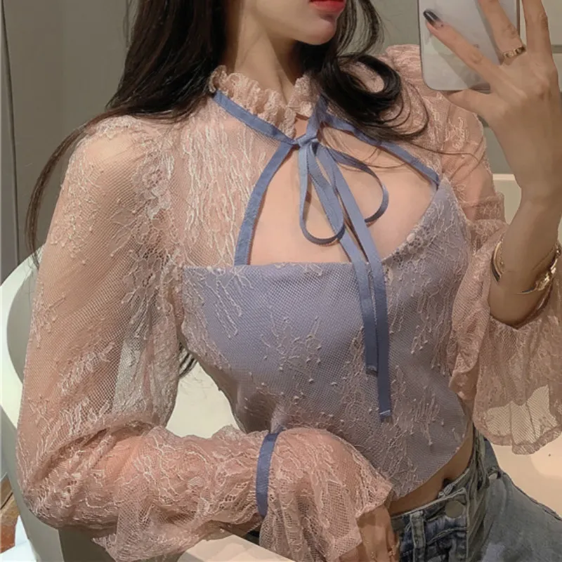 Ezdgaga Koreańscy Sexy Kobiety Koszulki Chic Lace Up Fashion Hollow Out Długi Rękaw Rękawy Niski Cut Mesh Kobieta Crop Tops Clubwear 210430