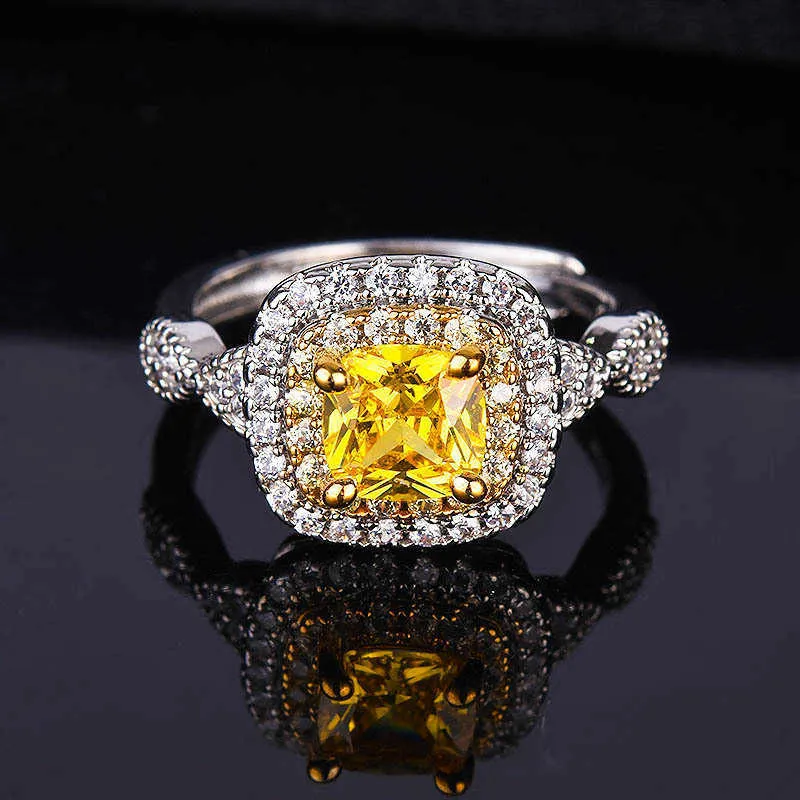 Anillo de compromiso de diamante amarillo simulado en forma de almohada chapado con platino pt950, apertura de diamante amarillo cuadrado gordo women039s R9686453