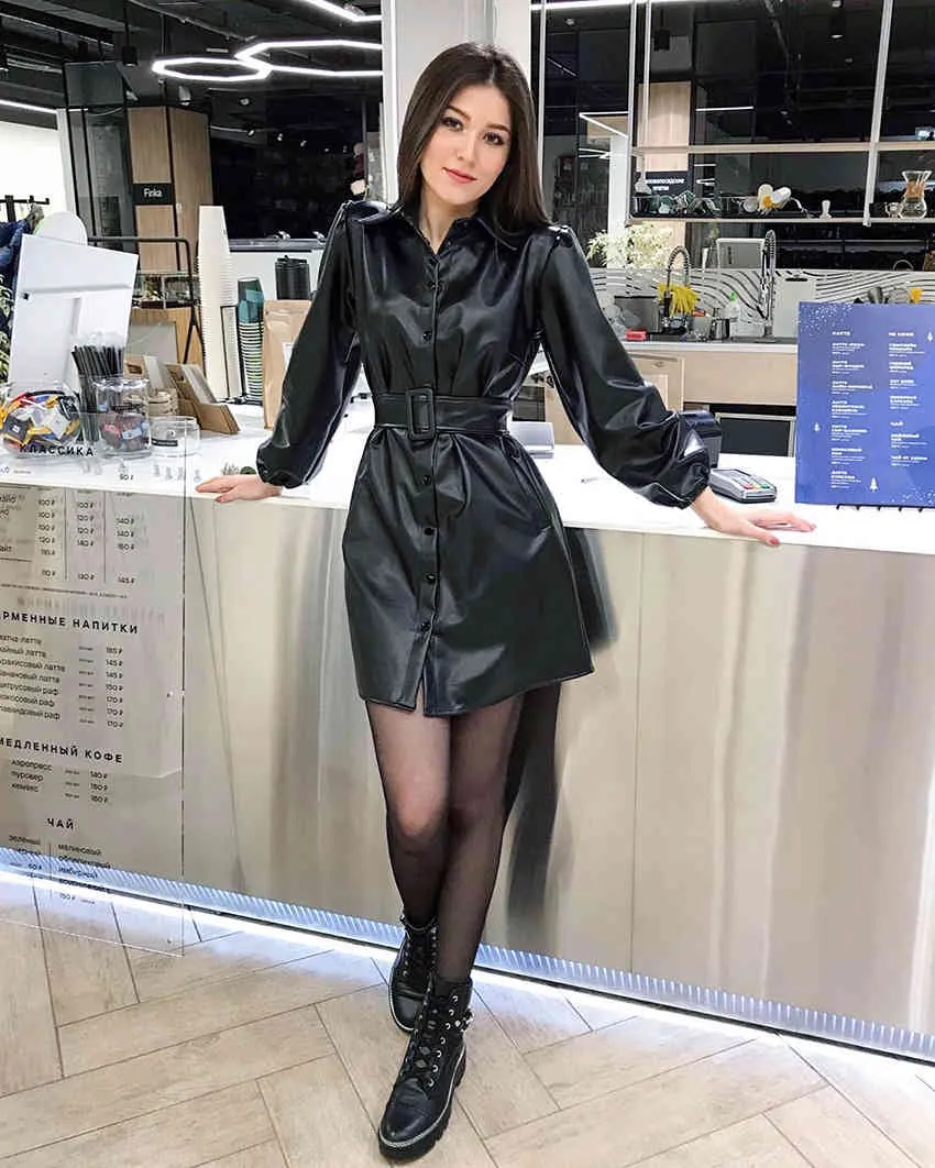 Leather Shirts Dress Casual Ladies Lapel Buttons Black PU Dresses With Belt Winter Autumn Long Sleeve Women Slim Fit Dress 210521