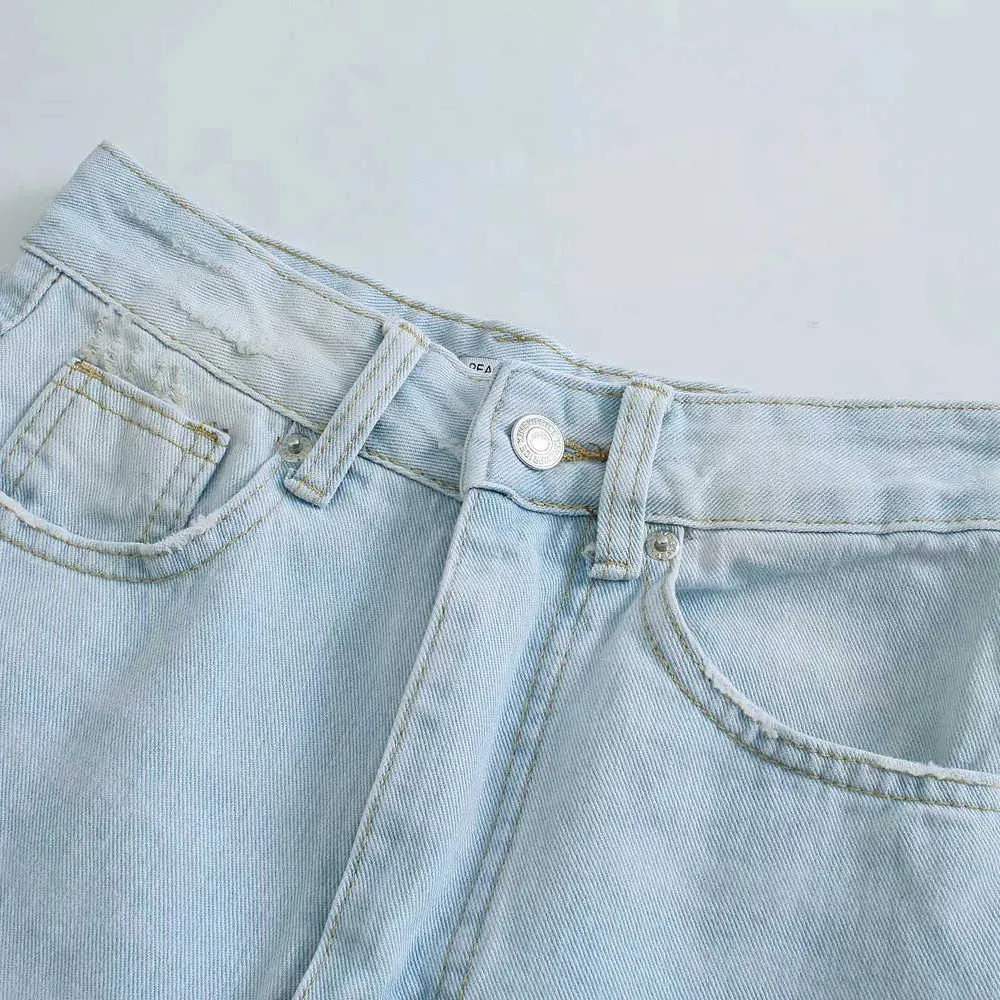 Mulher jeans roupas cintura alta rasgado verão streetwear largura perna larga vintage moda reta calças 210531