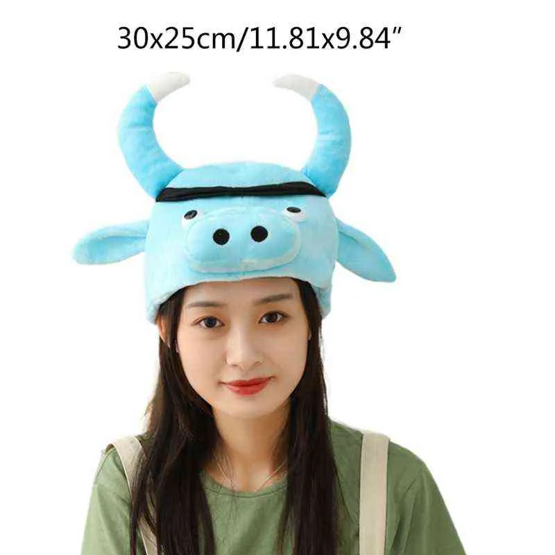 Mignon bleu corne de vache oreilles en peluche chapeau drôle zodiaque chinois année du boeuf peluche jouet bonnet nouvel an festival fête faveur photo Y21111