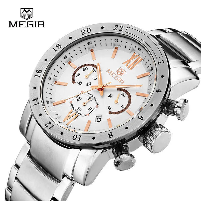 Megir marca relógios de quartzo para homem negócios relógio de pulso branco moda três olhos à prova dwaterproof água relógio luminoso para masculino 340t