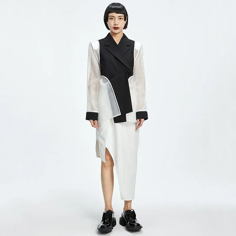 [EAM] Women Black Spliced Mesh Asymmetrical Blazer Lapel Long Sleeve Loose Fit Jacket Fashion Spring Summer 1DD7295 21512