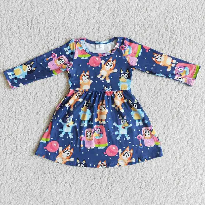 Dessin animé coloré robe de petite fille mignon chiot imprimé animal vêtements pour enfants robe à manches longues pour les filles G1215