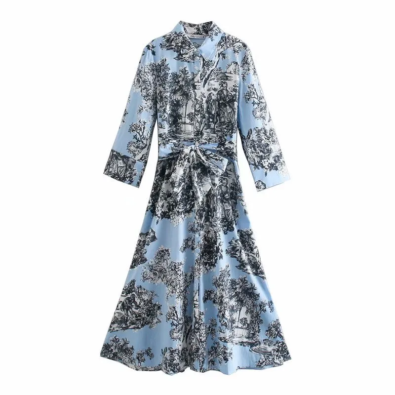 2021 nuevo vestido de verano de camisa con estampado pastoral con solapa de mangas 3/4, fajas de lazo de mangas acampanadas X0521