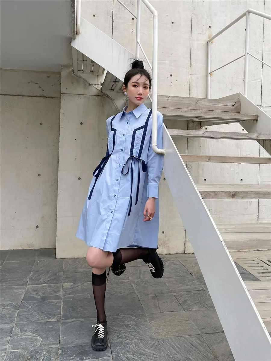 Cinta camisa azul vestido mujer moda primavera botón arriba manga larga una línea mini diseñador coreano ropa 210427