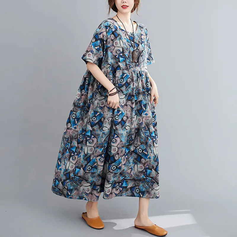 Johnature Vintage robe femmes imprimer Floral o-cou à manches courtes vêtements décontractés été coton mélange lâche femmes robes 210521