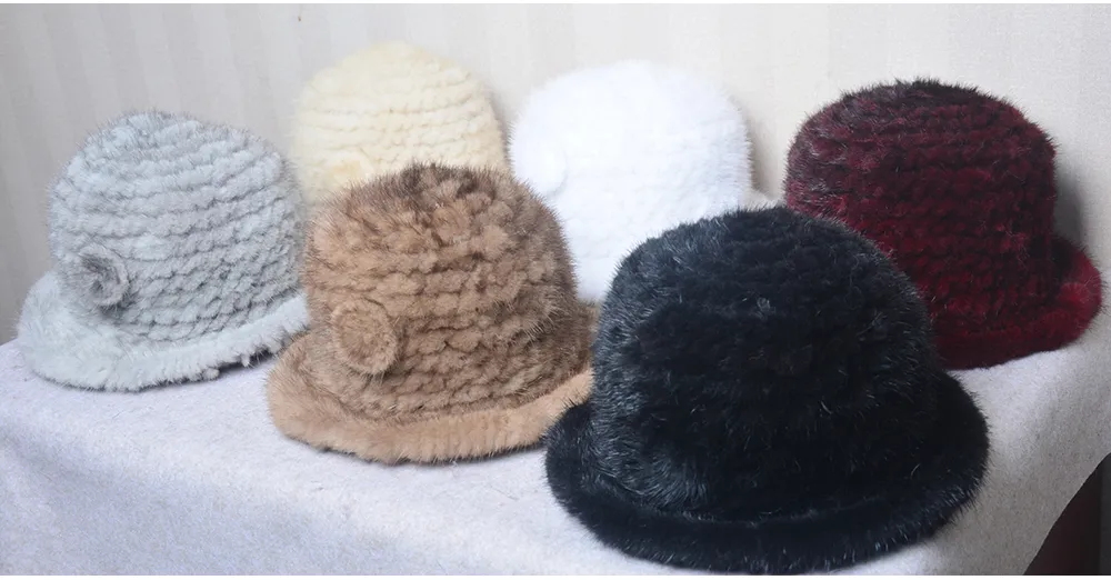 Hiver dame 100% naturel chapeau de fourrure de vison tricoté chaud véritable casquette femmes russes chapeaux d'extérieur