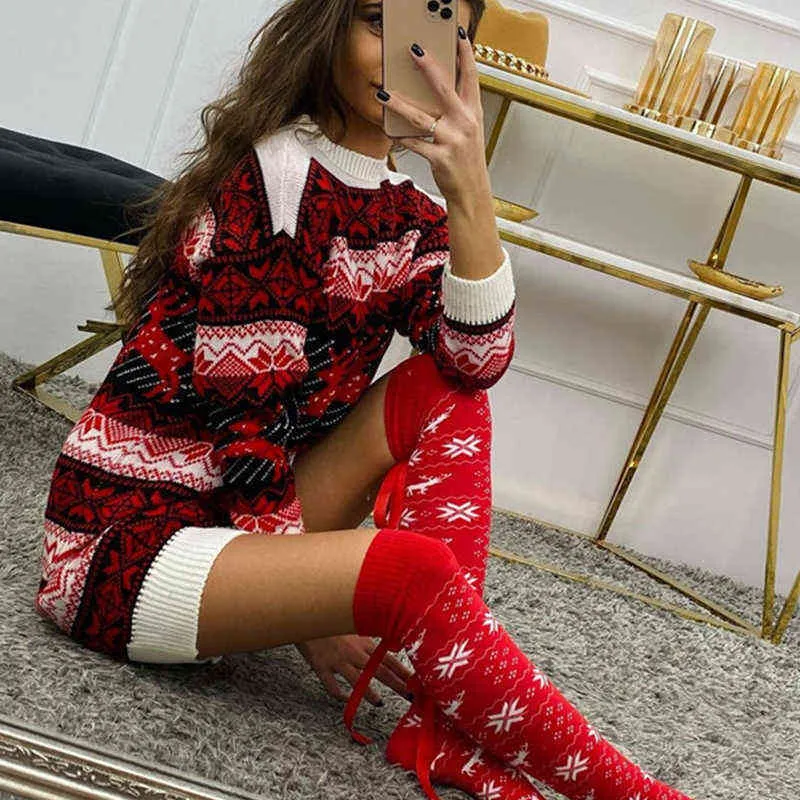 Women Fashion Knitted Party Dress Casual Round Neck Long Sleeve Winter Mini Dress Christmas Snowflake Elk Jacquard Sweater Dress Y1204