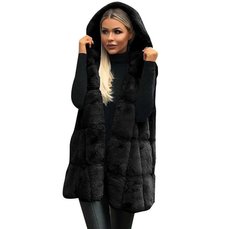 Femmes à capuche en fausse fourrure gilet manteau automne hiver épais chaud survêtement sans manches long gilet veste solide femme pardessus 210819