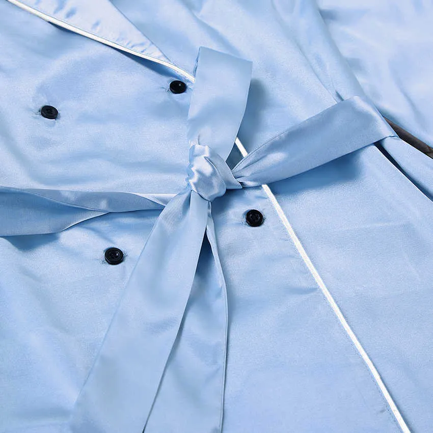 HECHAN Bleu Noir Patchwork Pyjama Avec Ceintures À Manches Longues Pantalon Lâche 2 Pièces Ensemble Home Wear Femme Costume Ensembles Casual 210831