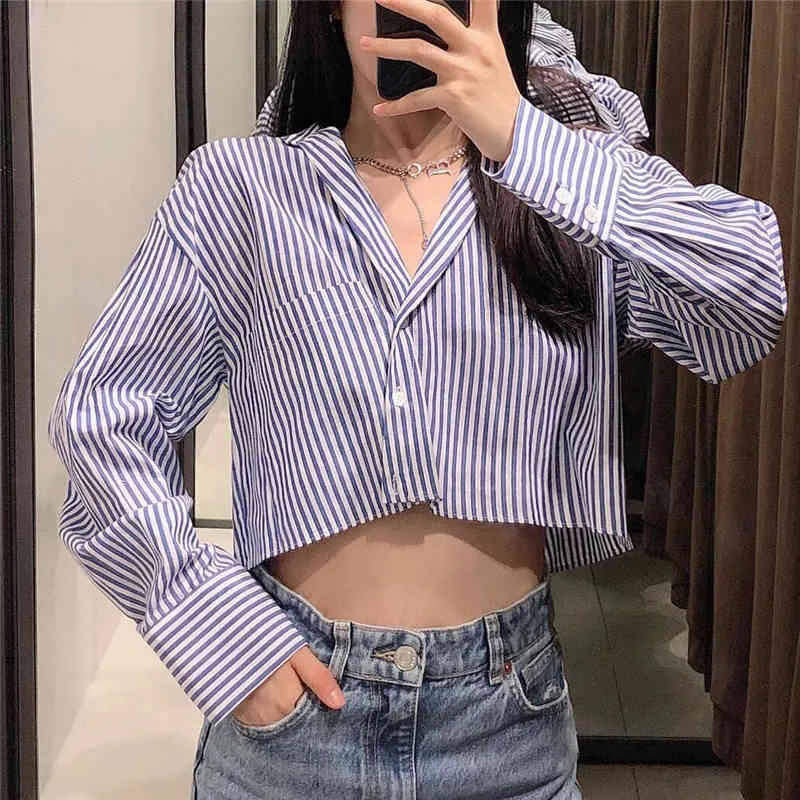 Fashion With Pockets Striped Crop Blouses Women Sweet Long Sleeve Button-up Female Shirts Blusas Chic Tops Casual Clothing 210430