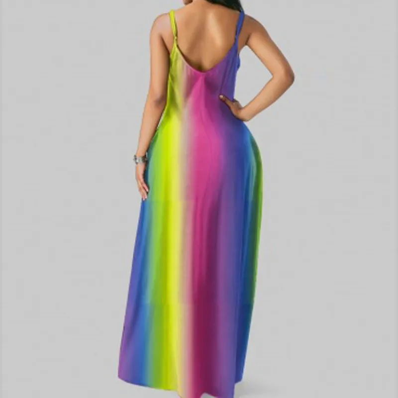 Frauen Farbverlauf Nähte Sexy Tiefem V-ausschnitt Sexy Träger Kleid Sommer Strand Kleid Plus Größe Maxi Kleider für Frauen 210521