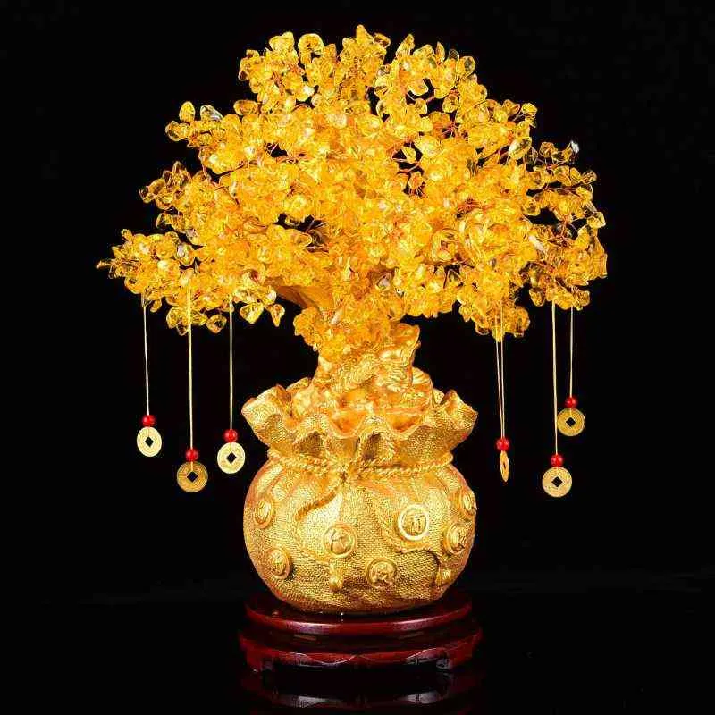 19/24 cm Lucky Drzewo Bogactwo Żółty Kryształ Naturalny Pieniądze Ozdoby Bonsai Style Luck Feng Shui Craft 211108
