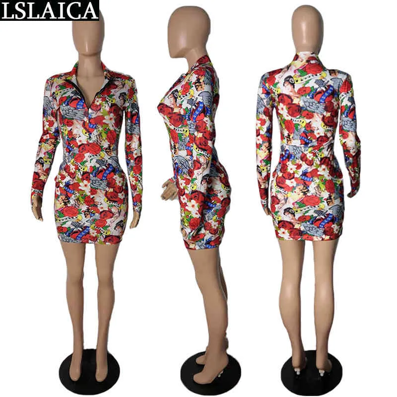 Sexklänning för kvinnor V Neckoktor Långärmad Print Mini Fashion Plus Storlek Streetwear Beach Holiday Woman 210515