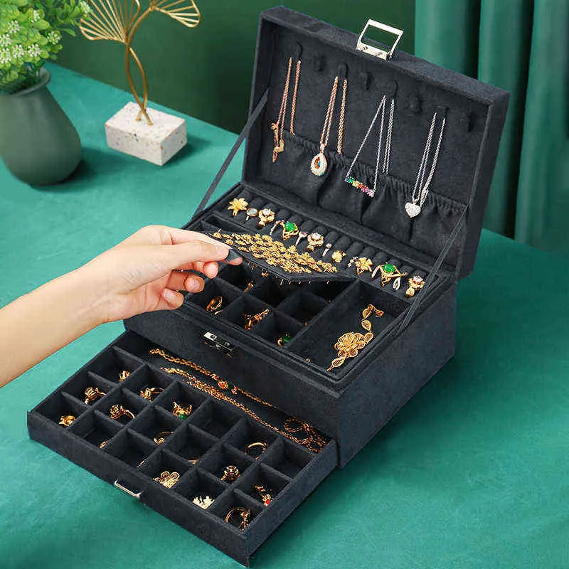 WE Übergroße 3-lagige schwarze Flanell-Schmuckschatulle boite a bijou Schmuck-Organizer Halskette Ohrring Ring Aufbewahrungsbox für Frauen Geschenke 220105