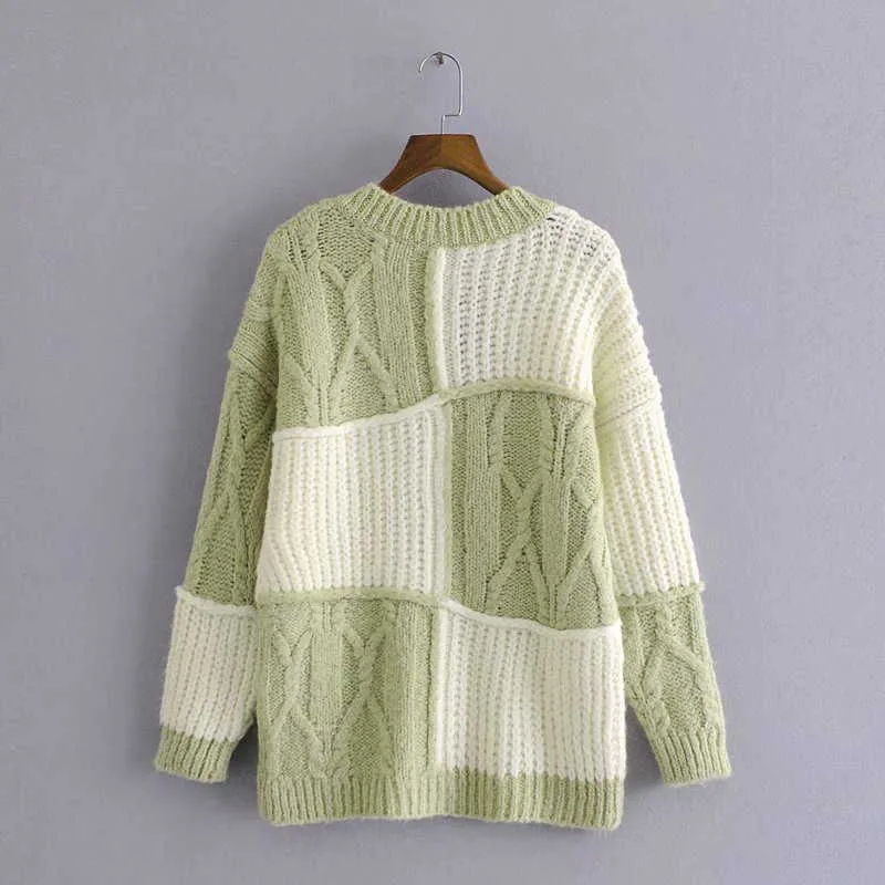 Za luźne patchwork dzianina sweter kobiety z długim rękawem V dekolt plus size zimowe sweter kobieta elegancka streetwear zielone swetry Top 210602