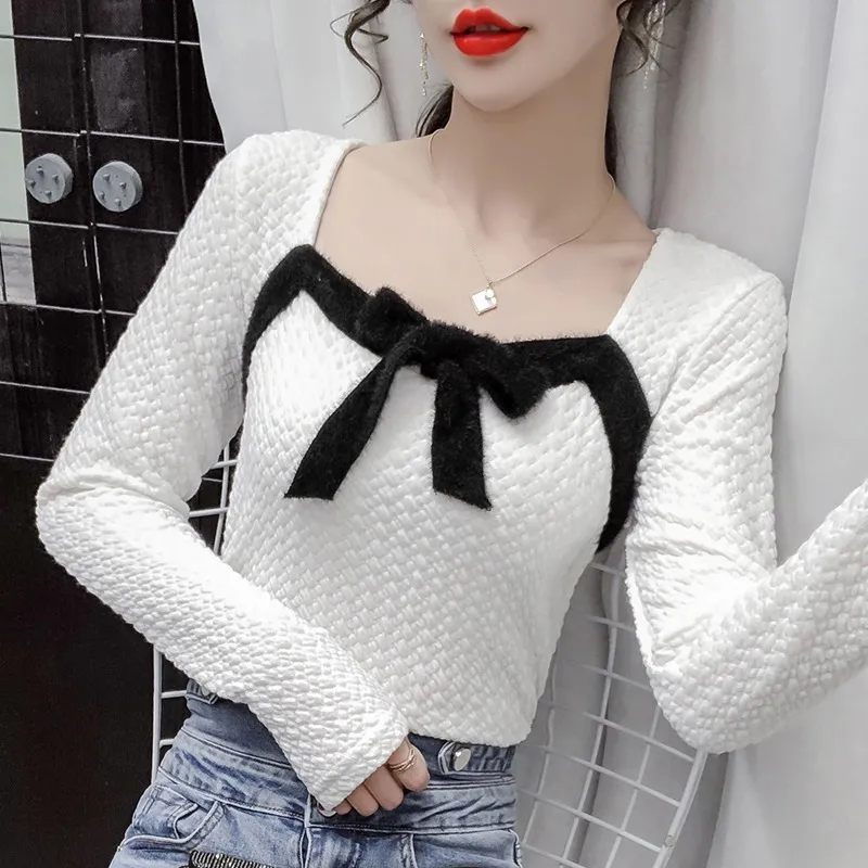 Kimutomo elegante bow blusa donna camicia quadrata camicia in stile francese stile primavera femminile solido manica lunga corta top casual 210521