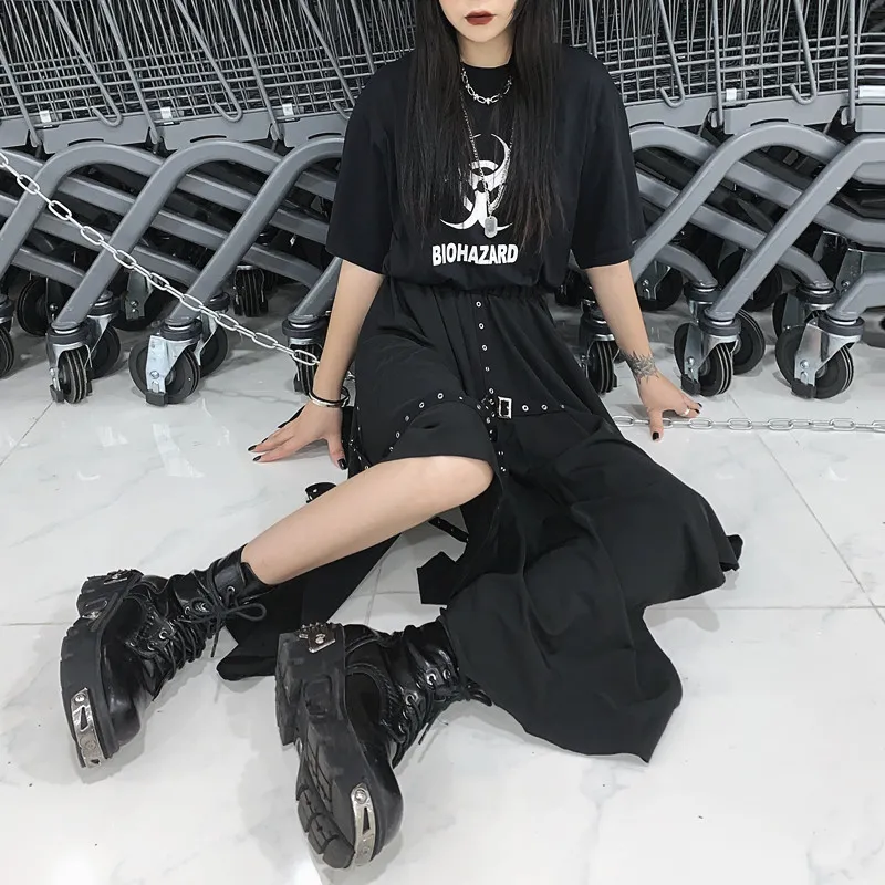 Gothic Black Harajuku Hoge Taille Midi Rok Dames Punk Hip Hop Lint Gesp Onregelmatige Lange Rokken Streetwear Geplooide Rok 210412