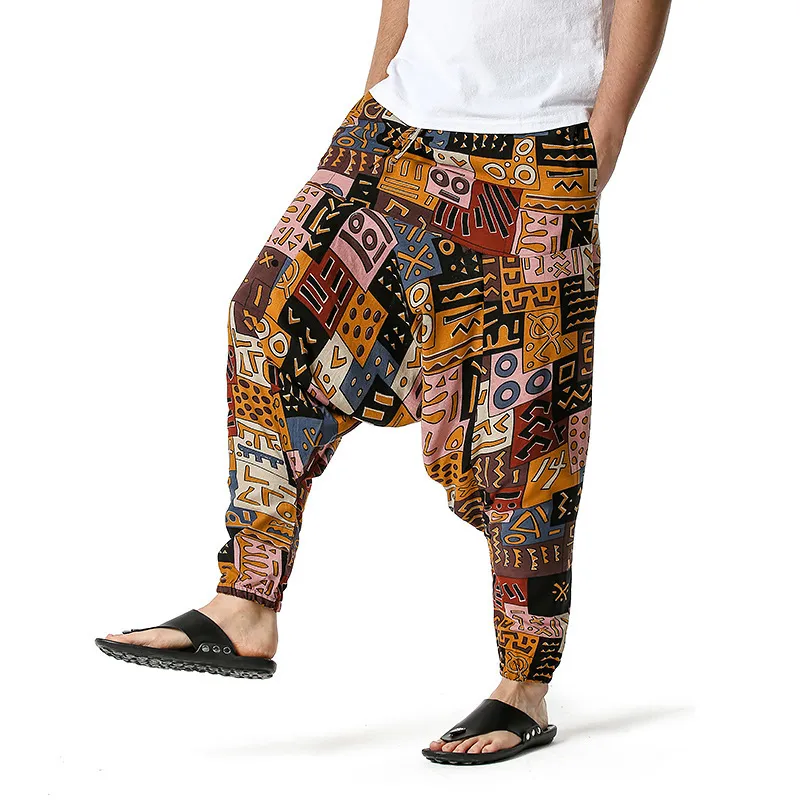 Męskie Kobiet Bawełniane Afryki Drukowane Spodnie Haremowe Drop Drop Crotch Spodnie Hip Harajuku Genie Boho Spodnie Joggers Spodnie dresowe 210522