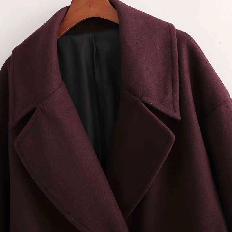 カジュアルな女性のブルゴーニュの緩いウールのコートファッションレディース秋特大のポケットアウターメスエレガントな暖かいジャケット210515