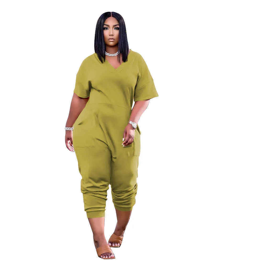 5 XL 플러스 사이즈 Jumpsuit 패션 포켓 섹시한 V 넥 캐주얼 하이 스트리트 솔리드 컬러 바지 여성 의류 도매 211022
