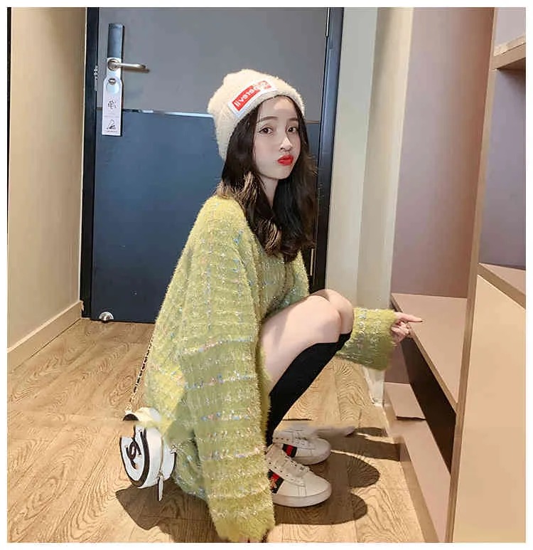 긴 소매 게으른 oaf 느슨한 스웨터 여성 봄 가을 대형 니트 풀오버 탑 한국어 화이트 핑크 옐로우 210518