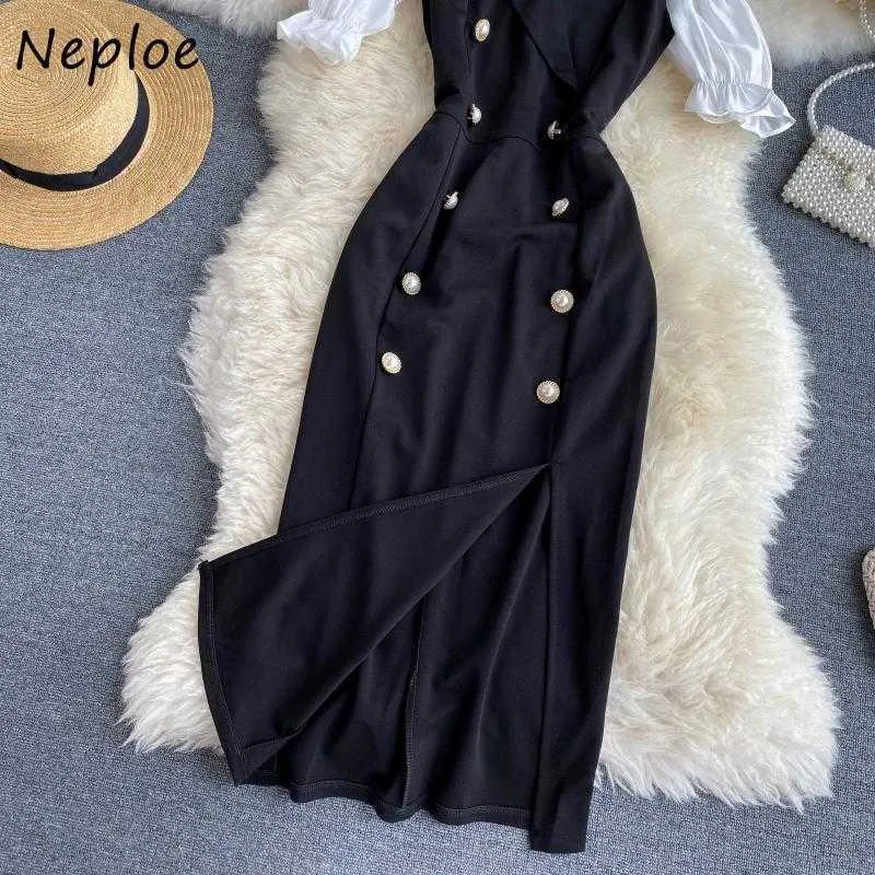 Neploe Sexy épaule Camis Robe femmes taille haute hanche une ligne bouton Vestidos pull à manches courtes tempérament Robe Ol Y0823